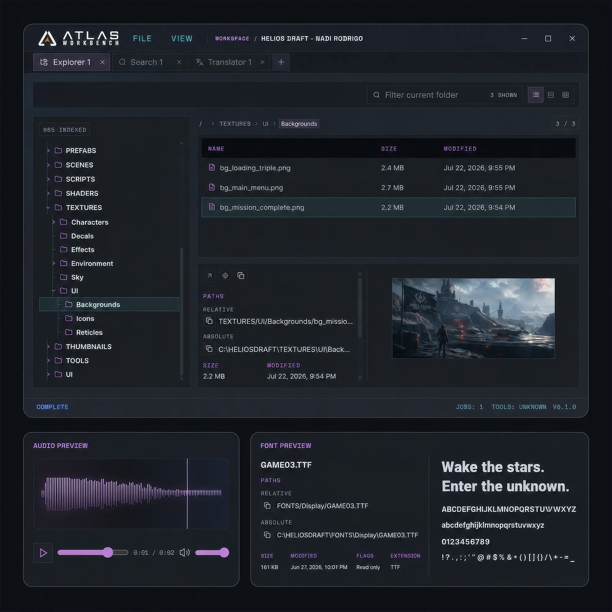 Atlas Workbench interface showing a searchable game asset library, selected texture preview, audio waveform player, and font preview panel.