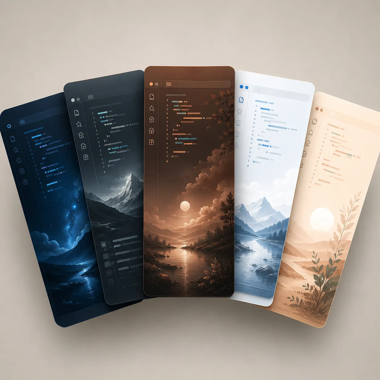 Five fanned code-editor cards blend code with blue, graphite, warm brown, icy blue, and peach landscapes.